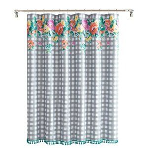 Pioneer Woman Sweet Romance Gray Gingham Floral Fabric Shower Curtain 72"x72"New